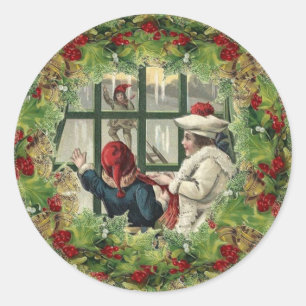 Cute Christmas Sticker Children at Window