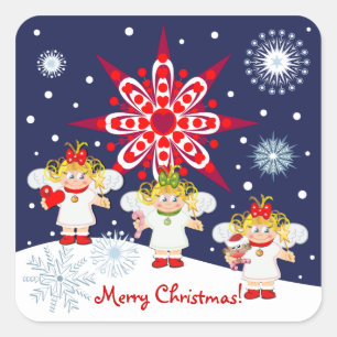 Cute Christmas sticker with text, angels & snow