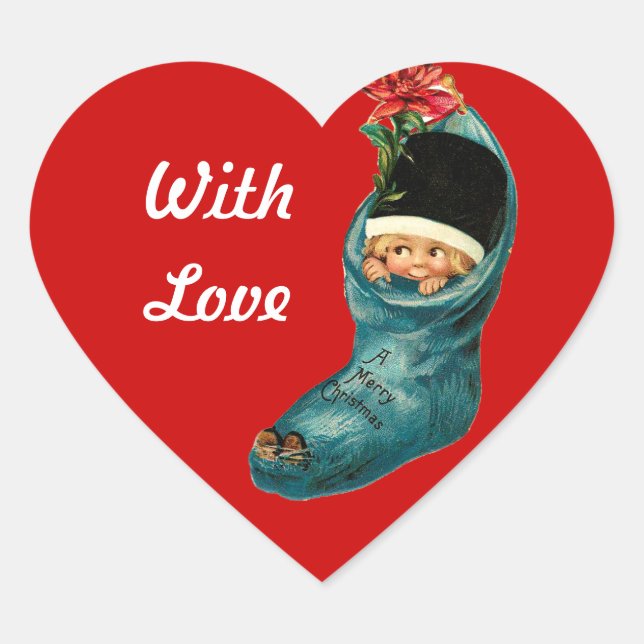 Cute Christmas Stocking and Little Child,Red Heart Heart Sticker (Front)
