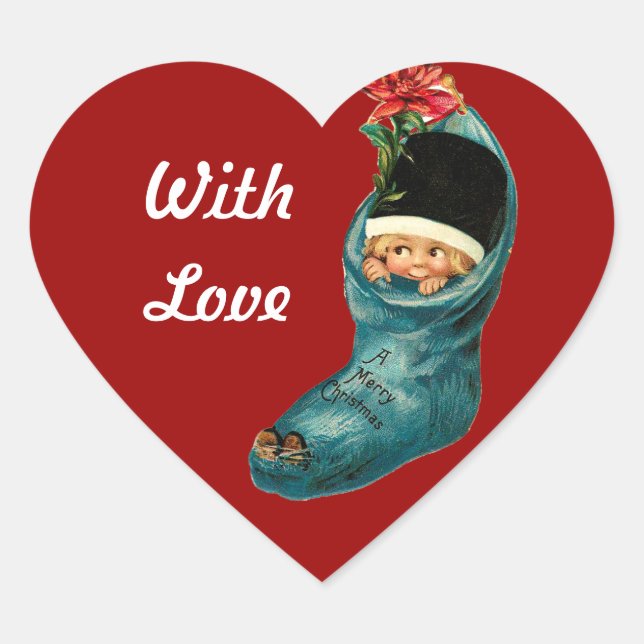 Cute Christmas Stocking and Little Child,Red Heart Heart Sticker (Front)