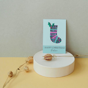 Cute Christmas Stocking Geometric Pattern Custom Holiday Postcard