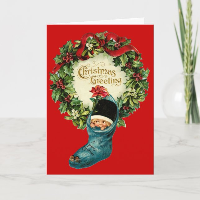 Cute Christmas Stocking ,Little Child, Mistletoes Holiday Card (Front)