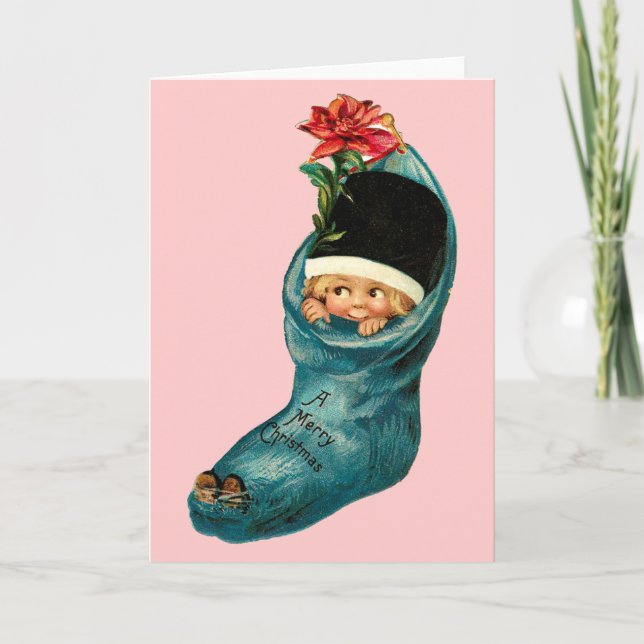 Cute Christmas Stocking ,Little Child,Pink Blue Holiday Card (Front)