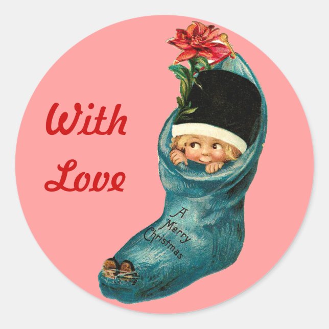 Cute Christmas Stocking ,Little Child,Pink Red Classic Round Sticker (Front)