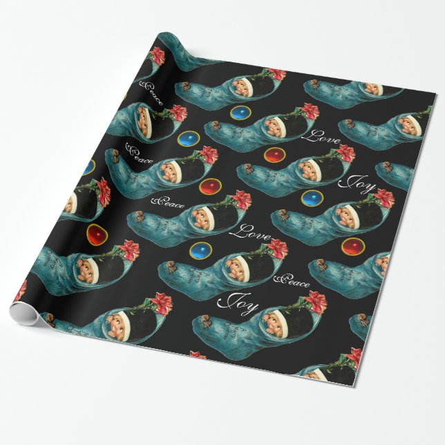 Cute Christmas Stocking,Little Child ,Red flower Wrapping Paper (Unrolled)
