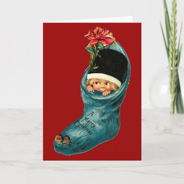 Cute Christmas Stocking ,Little Child,White Red Holiday Card (Front)