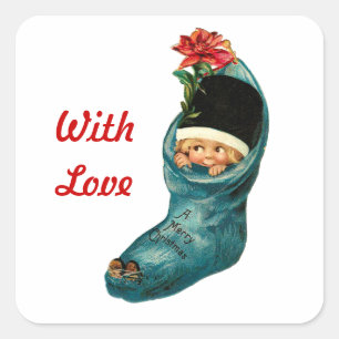 Cute Christmas Stocking ,Little Child,White Red Square Sticker