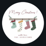 Cute Christmas Stockings Classic Round Sticker<br><div class="desc">Your holiday gifts and mailings will stand out this season with these cute,  fun Christmas stockings hanging from the mantle and Merry Christmas in a sweet minimal calligraphy script.  Easily customise with your personalise information for the best Holiday ever!</div>
