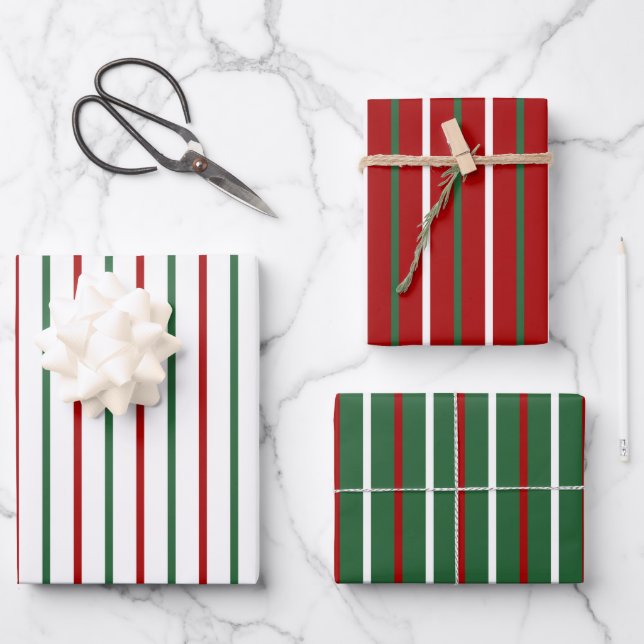 Cute Christmas Stripe Pattern Red Green White Gift Wrapping Paper Sheet (Front)