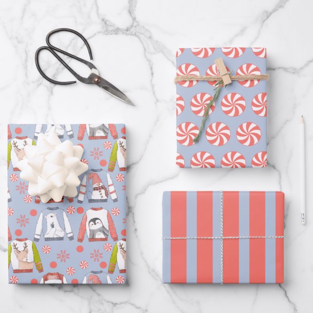 Cute Christmas Sweaters Wrapping Paper Set of 3 (Front)