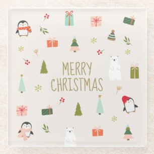 Cute Christmas Symbols Glass Coaster