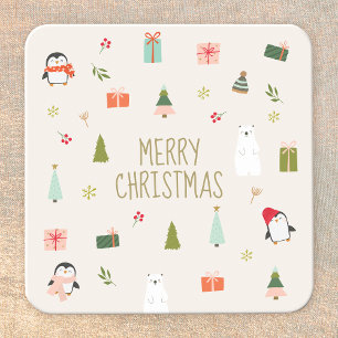 Cute Christmas Symbols Square Paper Coaster