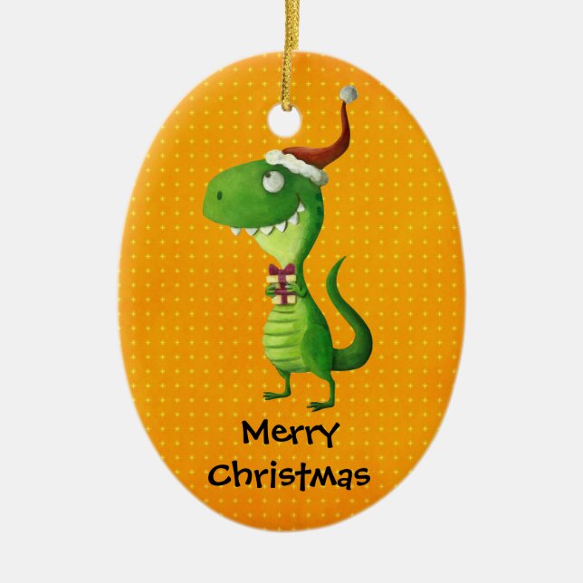 Cute Christmas T-rex Ceramic Tree Decoration (Front)