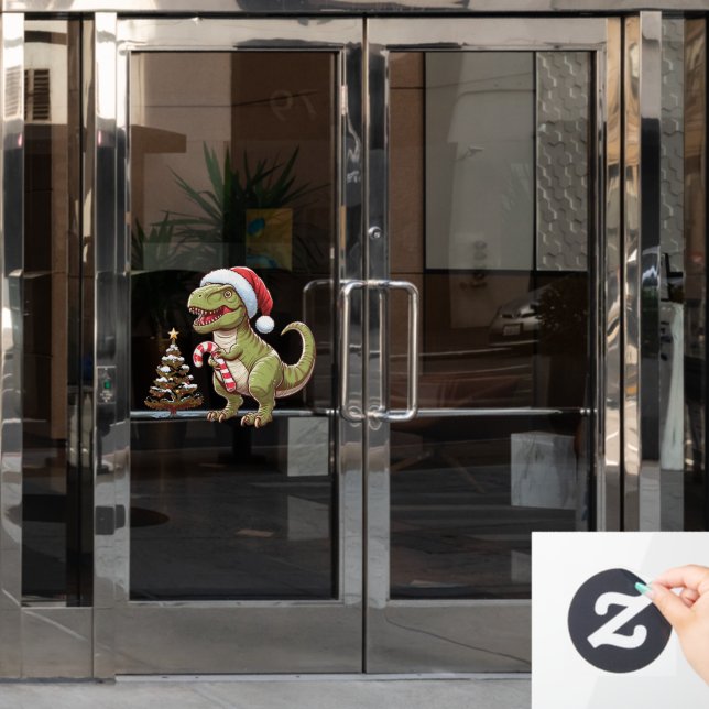 Cute Christmas T-rex/dinosaur with candy cane Window Cling (Office Door)