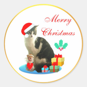 Cute Christmas Tabby Cat Classic Round Sticker