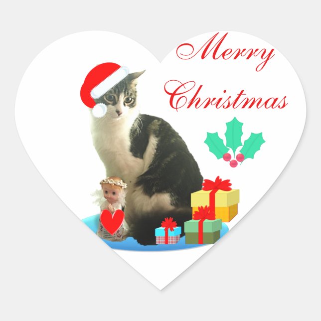 Cute Christmas Tabby Cat Heart Sticker (Front)