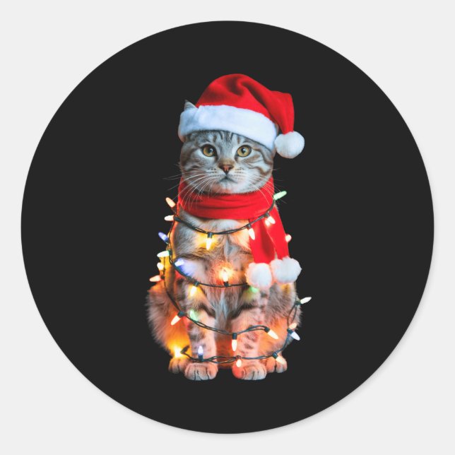 Cute Christmas Tabby Cat In Lights Santa Hat For K Classic Round Sticker (Front)