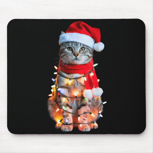 Cute Christmas Tabby Cat In Lights Santa Hat For K Mouse Mat (Front)