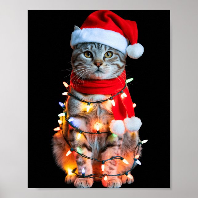Cute Christmas Tabby Cat In Lights Santa Hat For K Poster (Front)