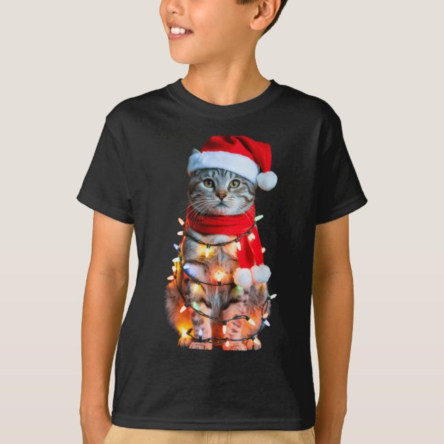 Cute Christmas Tabby Cat In Lights Santa Hat For K T-Shirt (Front)