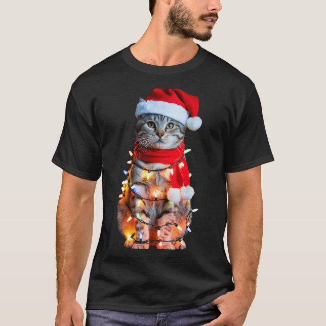 Cute Christmas Tabby Cat In Lights Santa Hat For K T-Shirt (Front)