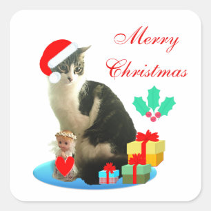 Cute Christmas Tabby Cat Square Sticker