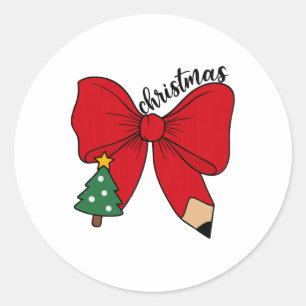Cute Christmas Teacher Red Bow With Pencil Holiday Classic Round Sticker