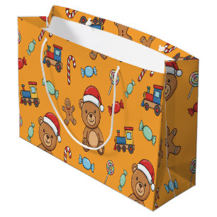 Cute Christmas Teddy Bear and Toy Train Large Gift Bag