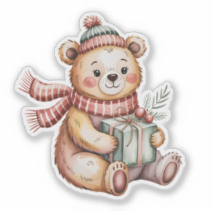 Cute Christmas Teddy Bear Holding Gift Watercolor
