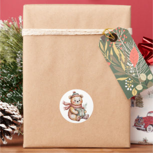 Cute Christmas Teddy Bear Holding Gift Watercolor Classic Round Sticker