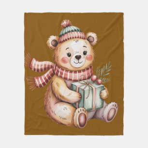 Cute Christmas Teddy Bear Holding Gift Watercolor Fleece Blanket