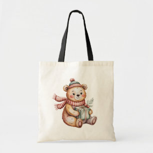 Cute Christmas Teddy Bear Holding Gift Watercolor Tote Bag