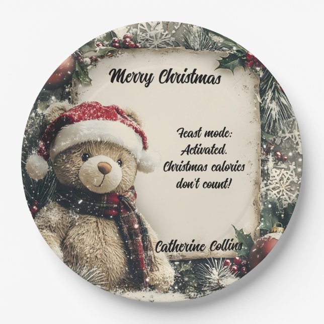 Cute Christmas Teddy Bear Illustration Design Paper Plate (Front)