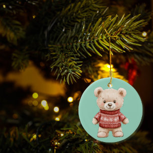 Cute Christmas Teddy Bear Personlised Ceramic Tree Decoration