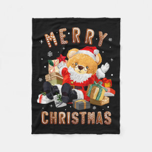 Cute Christmas Teddy Bear Santa Claus Fleece Blanket