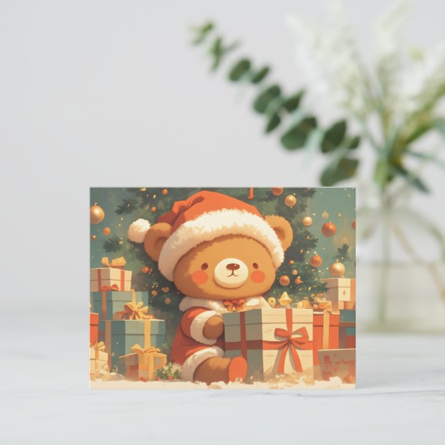 Cute Christmas Teddy Bear with Gifts Holiday Postcard (Standing Front)