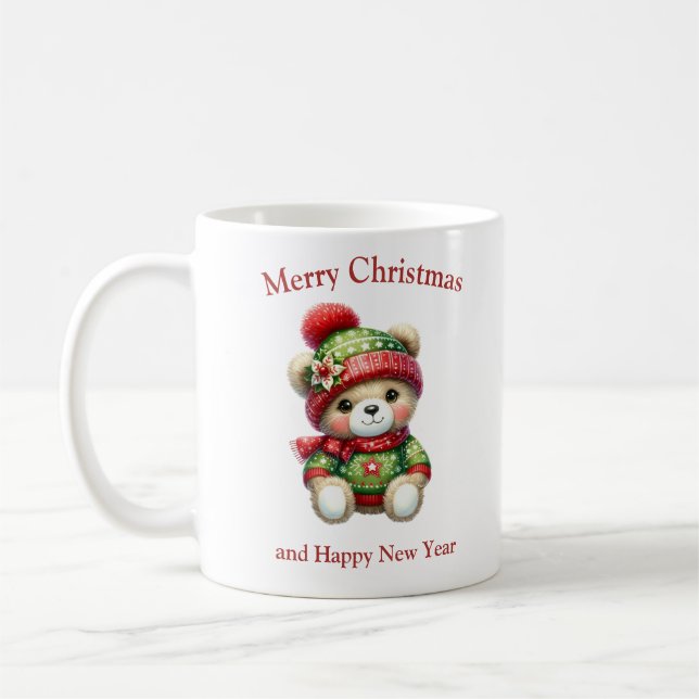 Cute Christmas teddy bear with poinsettia Coffee Mug (Left)