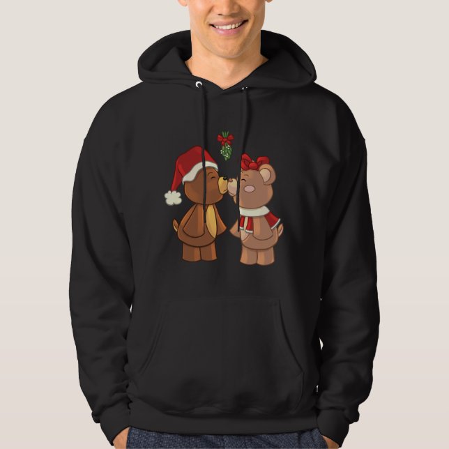 Cute Christmas Teddy Bears Kissing Under Mistletoe Hoodie (Front)