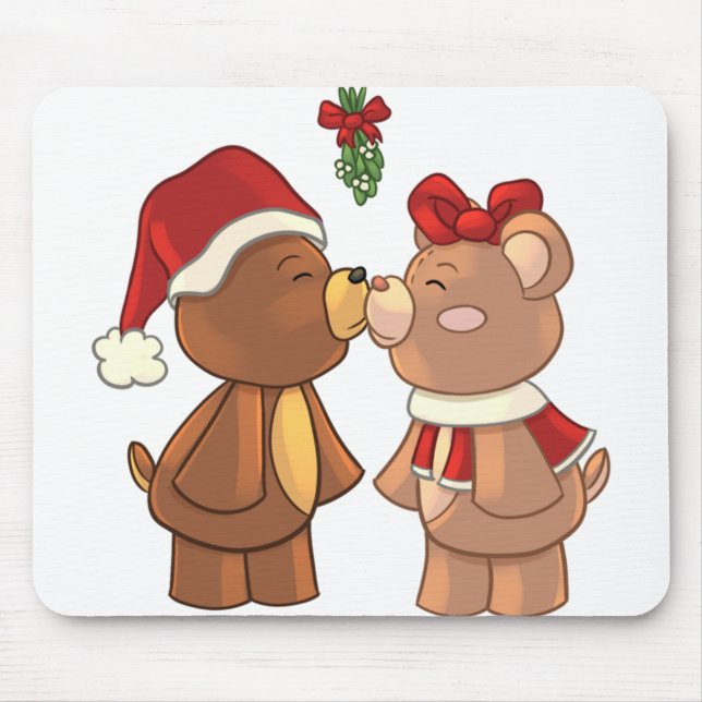 Cute christmas teddy bears kissing under mistletoe mouse mat (Front)