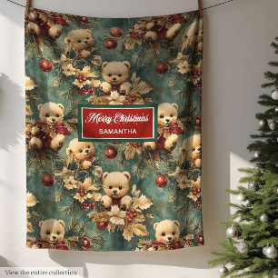 Cute  Christmas Teddy Bears Pastel Muted Colours Fleece Blanket