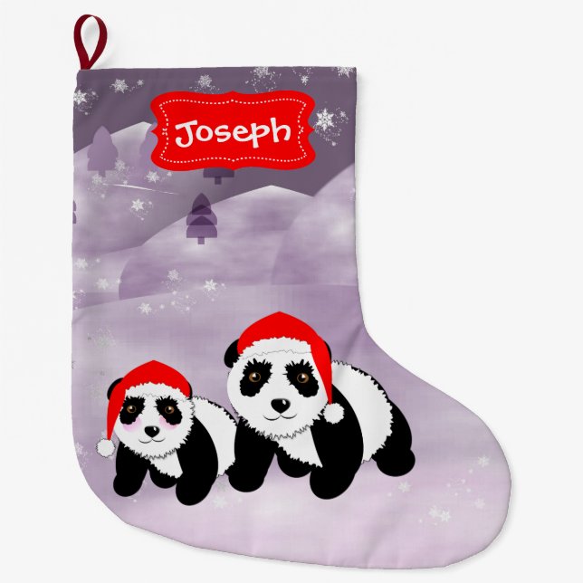Cute Christmas Themed Panda Bears Large Christmas Stocking (Front)