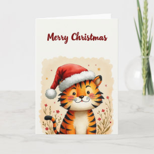 Cute Christmas Tiger in Santa Hat Holiday Card