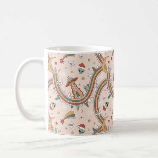 Cute Christmas Tree Alien Rainbow Holiday Pattern Coffee Mug (Left)