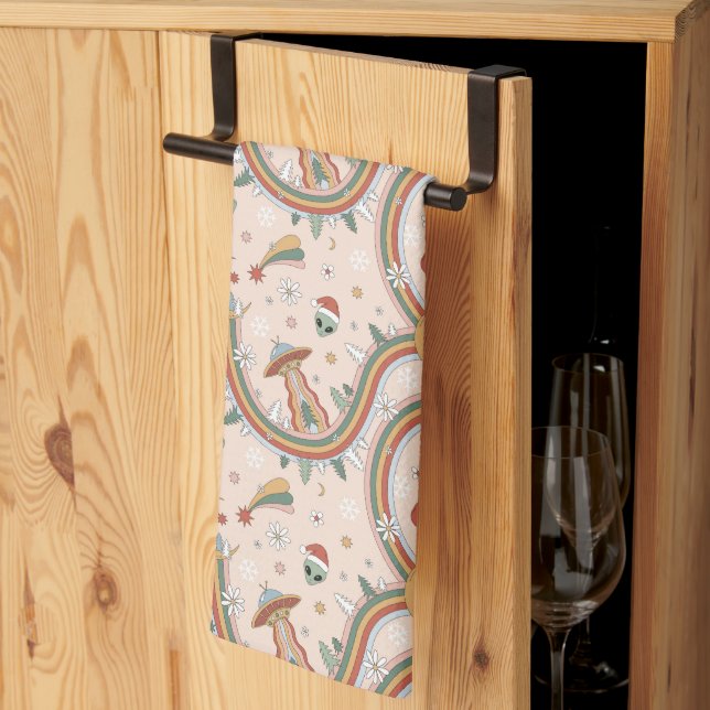 Cute Christmas Tree Alien Rainbow Holiday Pattern Tea Towel (Thirds Fold)