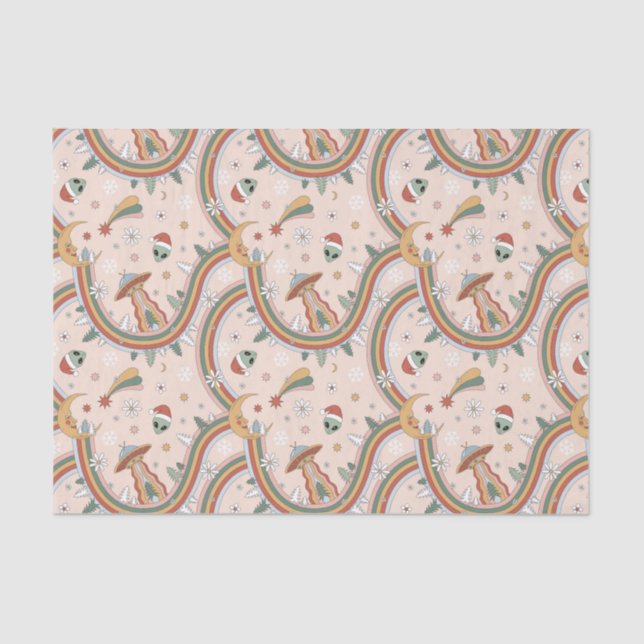 Cute Christmas Tree Alien Rainbow Holiday Pattern Tissue Paper (Front)