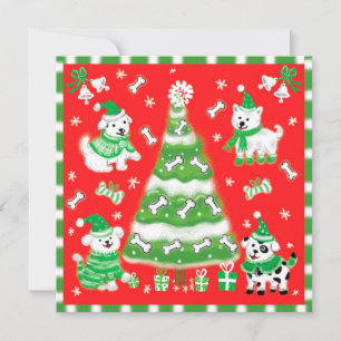 Cute Christmas Tree and Puppy Dogs with Bones Holiday Card