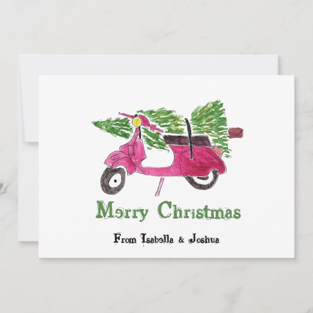 Cute Christmas Tree and Red Scooter Holiday Card (Front)