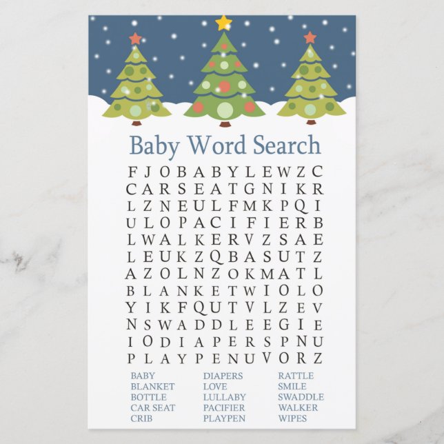 Cute Christmas Tree Baby Shower Word Search Game (Front)