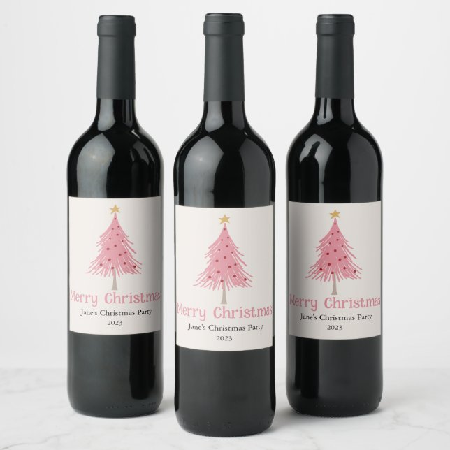 Cute Christmas Tree Blush Pink Party Wine Label (Bottles)