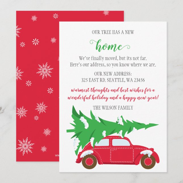 Cute Christmas Tree Car We've Moved Holiday Cards (Front/Back)